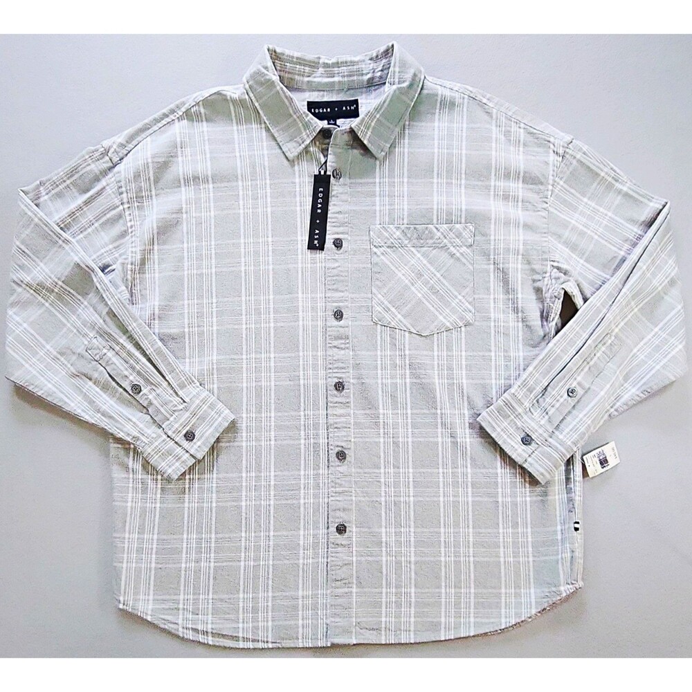 Edgar + Ash Men's L Gray White Plaid Flannel Cotton Button-Up Shirt Pockets